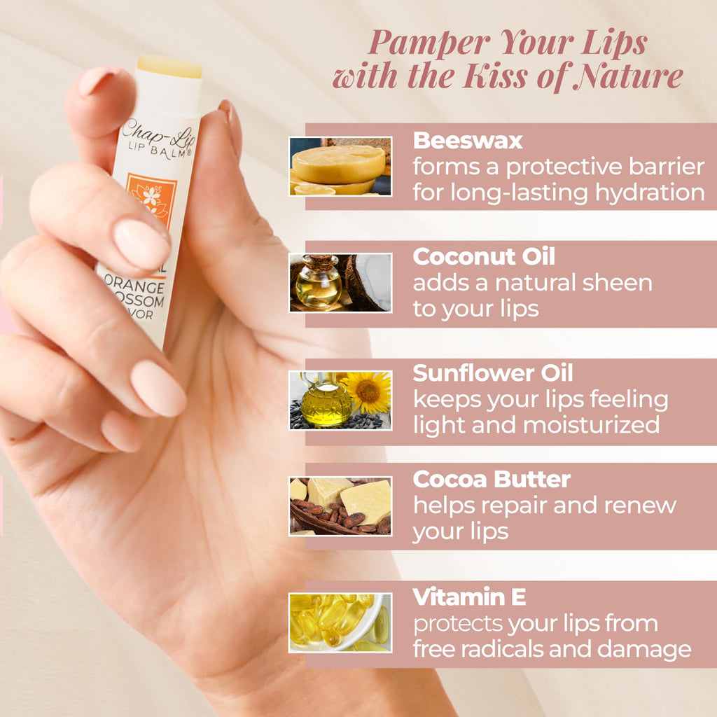 Chap-Lip Lip Balm 100% Natural Set – 4 Flavors, Hydrating Beeswax Lip Balm (Petroleum Free) Pack of 24