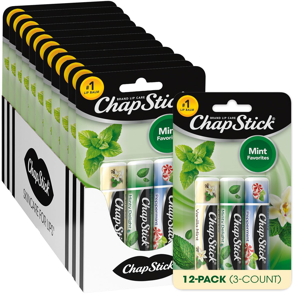 ChapStick Bulk Lip Balm Mint Favorites – 12 Sets of 3-Packs (36 Tubes) – Mint, Vanilla Mint, Peppermint