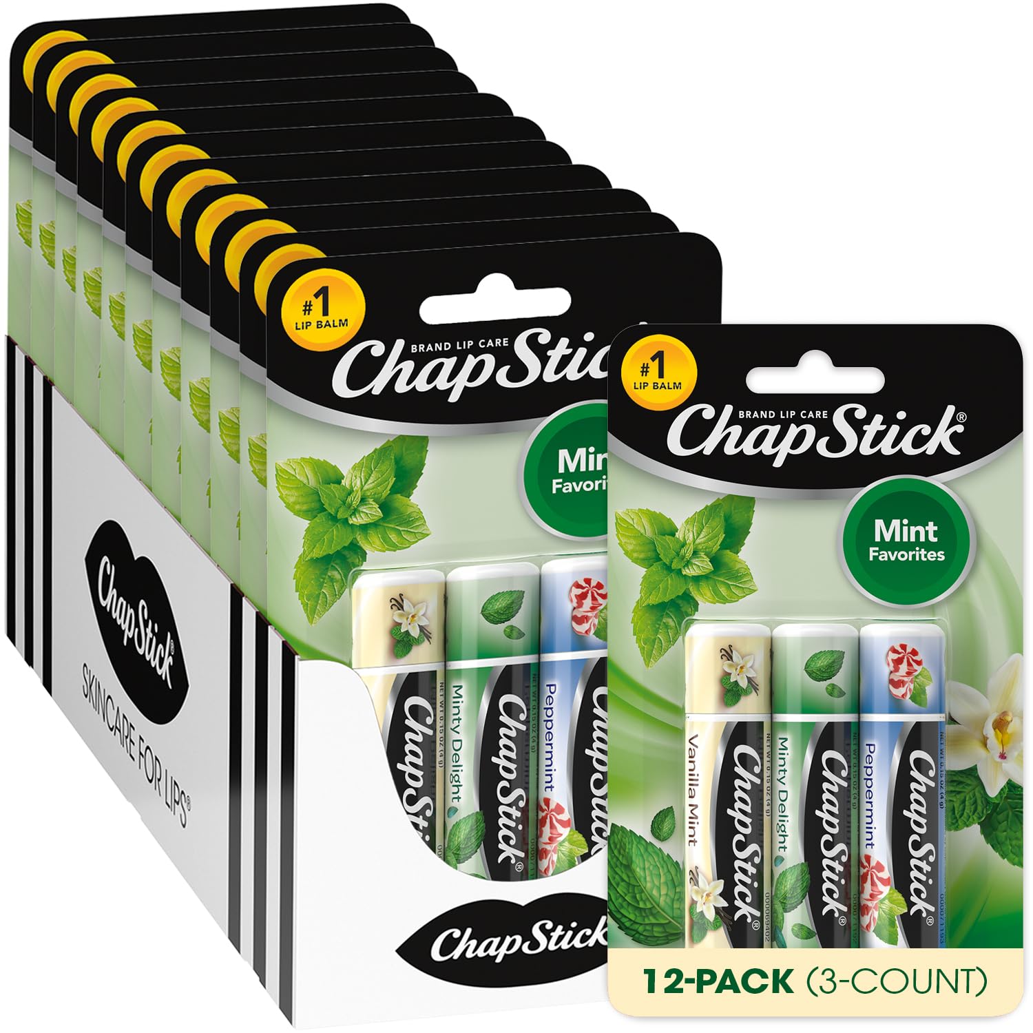ChapStick Bulk Lip Balm Mint Favorites – 12 Sets of 3-Packs (36 Tubes) – Mint, Vanilla Mint, Peppermint