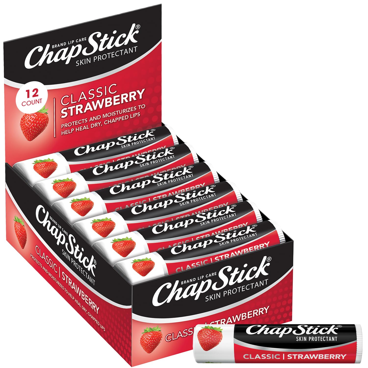 ChapStick Lip Care Classic Strawberry 12-Count Bulk – Moisturizing Lip Balm 0.15 oz