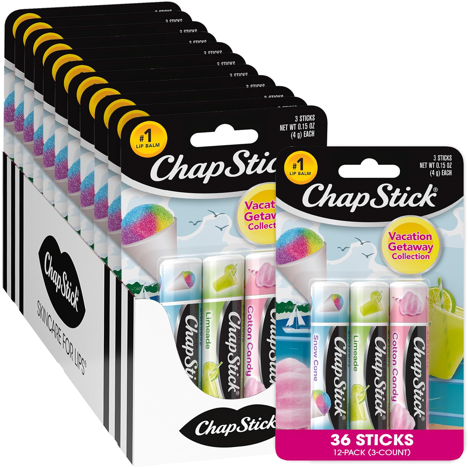 ChapStick Bulk Lip Balm – Vacation Getaway Collection (12 Sets / 36 Tubes, 0.15 oz each) – Fun Lip Care Gifts