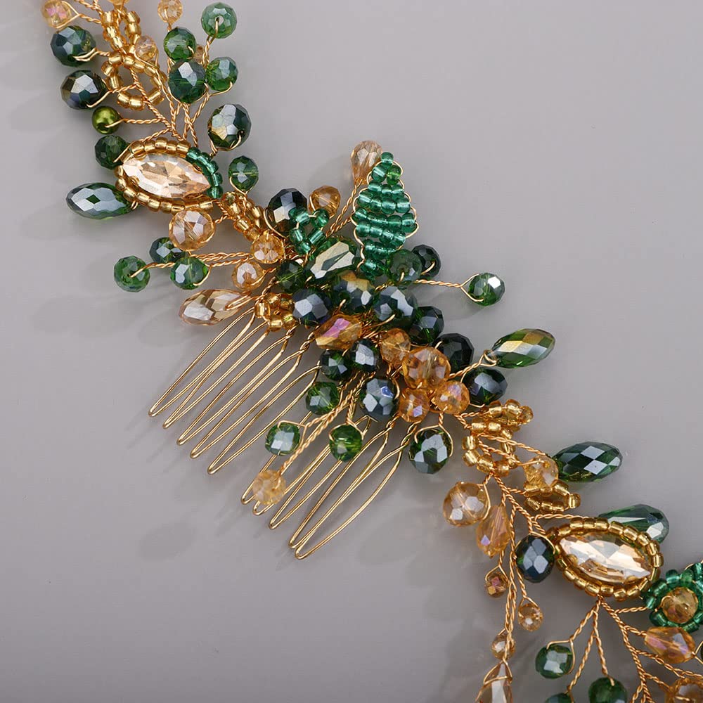 Chargances Wedding Crystal Beaded Hair Vine Comb – Green-Gold Pearl Leaf Headpiece for Bridal & Prom