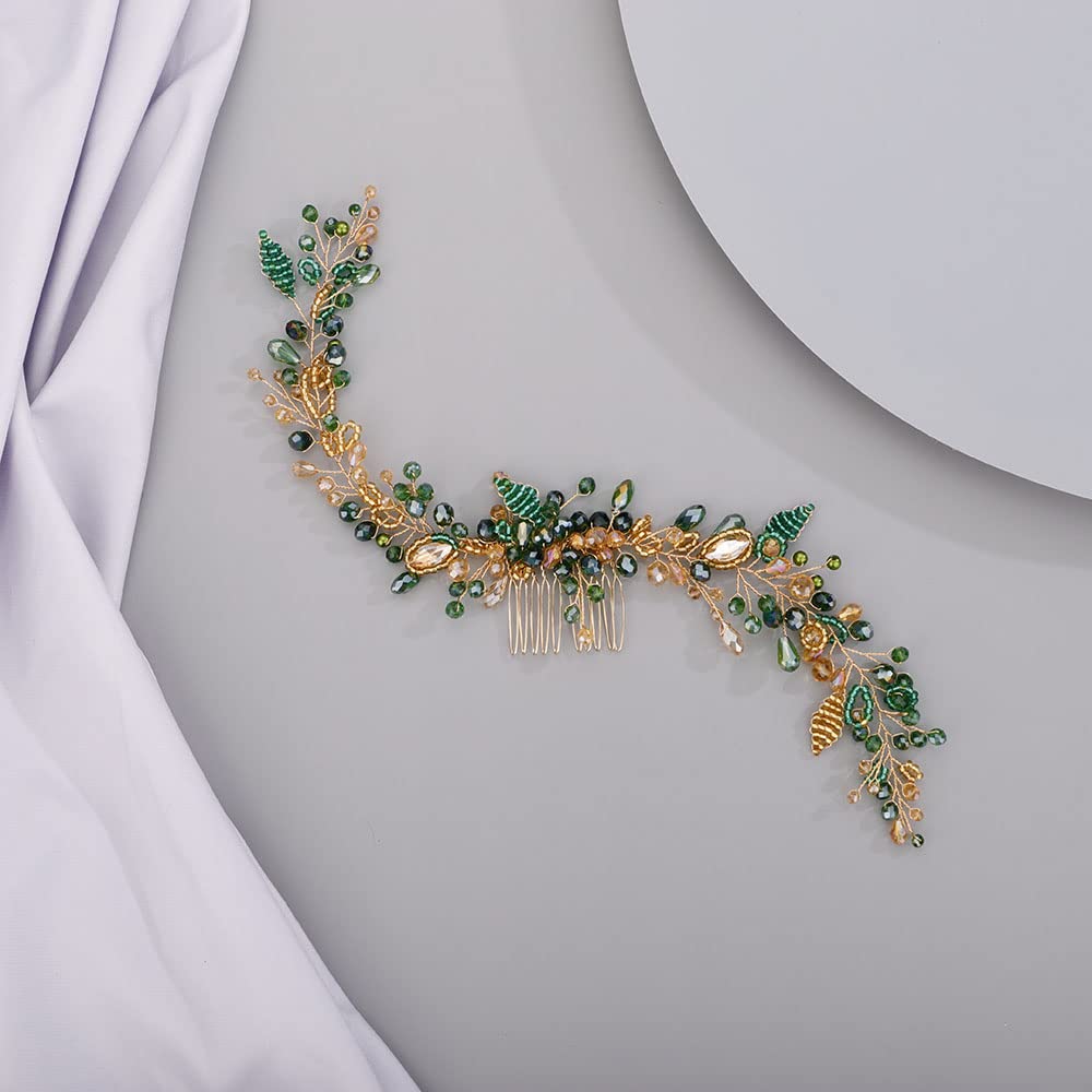 Chargances Wedding Crystal Beaded Hair Vine Comb – Green-Gold Pearl Leaf Headpiece for Bridal & Prom