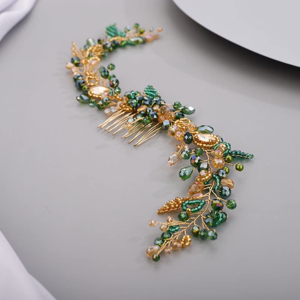 Chargances Wedding Crystal Beaded Hair Vine Comb – Green-Gold Pearl Leaf Headpiece for Bridal & Prom