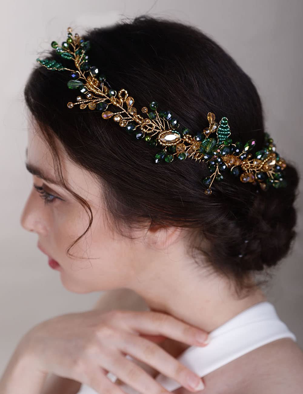 Chargances Wedding Crystal Beaded Hair Vine Comb – Green-Gold Pearl Leaf Headpiece for Bridal & Prom