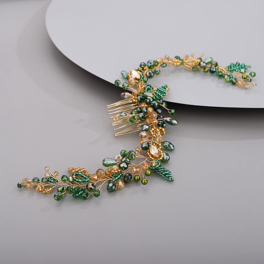 Chargances Wedding Crystal Beaded Hair Vine Comb – Green-Gold Pearl Leaf Headpiece for Bridal & Prom