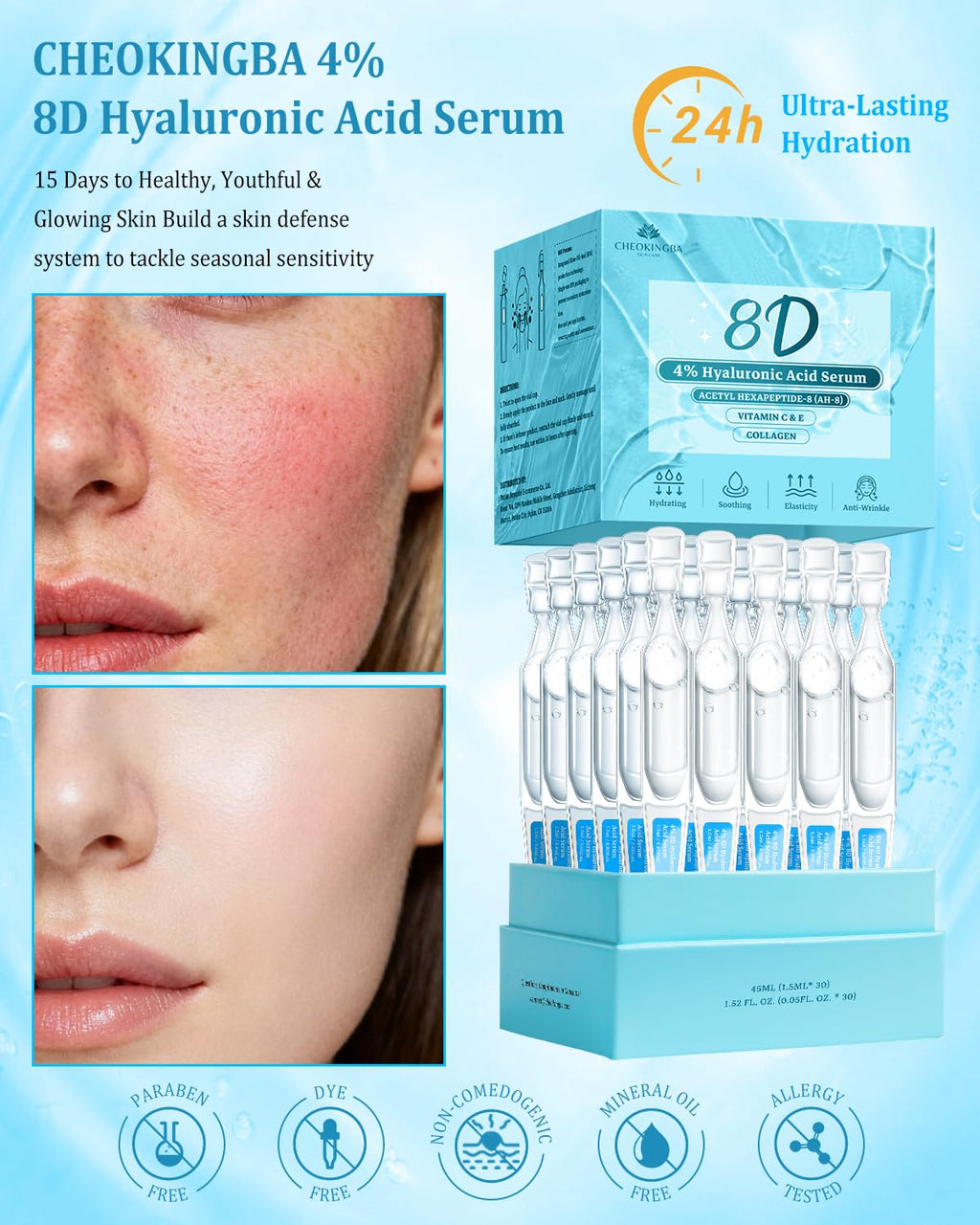 CHEOKINGBA 4% Hyaluronic Acid Serum – 8D Hydration, 20,000ppm Acetyl Hexapeptide-8, Korean Single-Use Ampoules, 30pcs