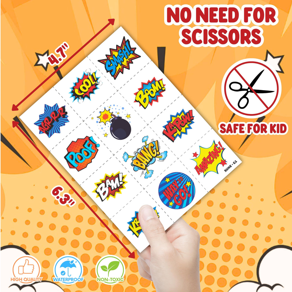 Cherisnowy 72PCS Hero Party Set – 48 Tattoos & 24 Slap Bracelets