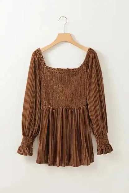 Chestnut Smocked Ribbed Velvet Babydoll Top