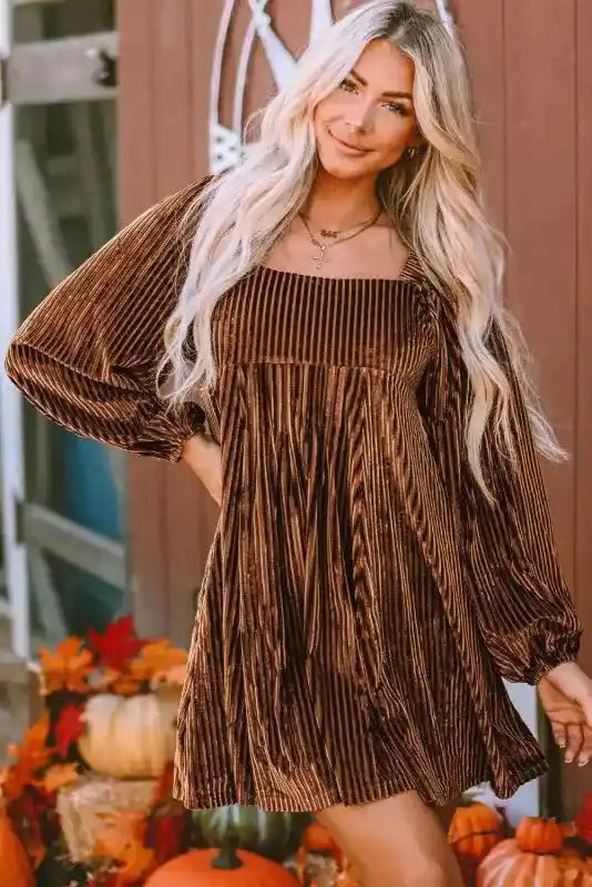 Chestnut Smocked Ribbed Velvet Babydoll Top