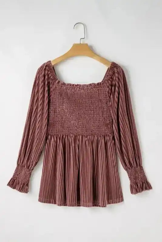 Chestnut Smocked Ribbed Velvet Babydoll Top