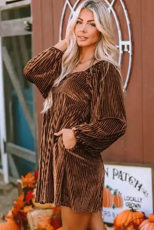 Chestnut Smocked Ribbed Velvet Babydoll Top