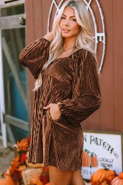 Chestnut Smocked Ribbed Velvet Babydoll Top