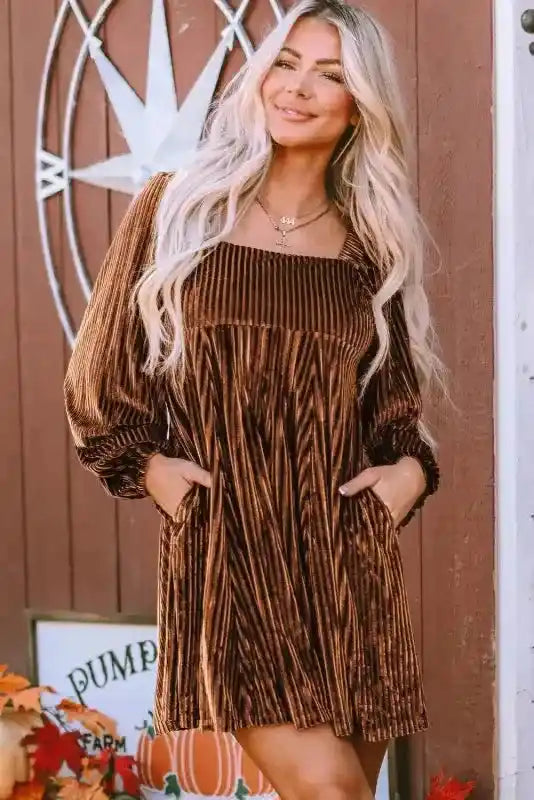 Chestnut Smocked Ribbed Velvet Babydoll Top