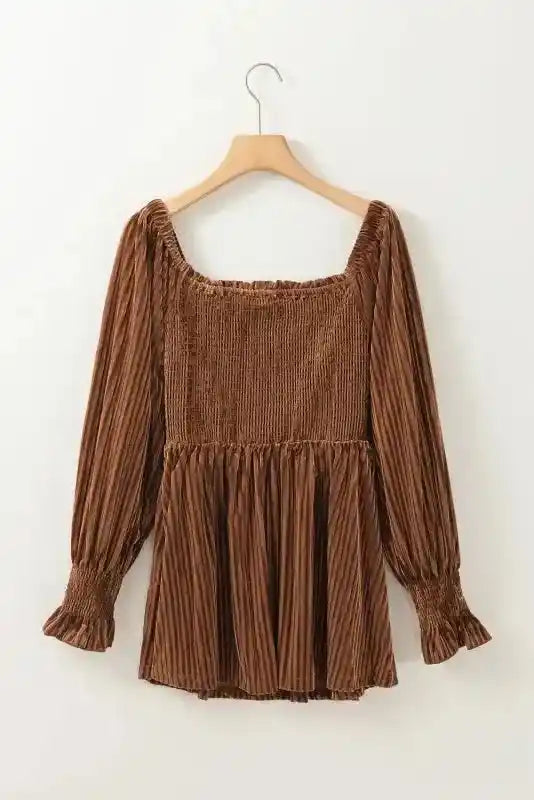 Chestnut Smocked Ribbed Velvet Babydoll Top