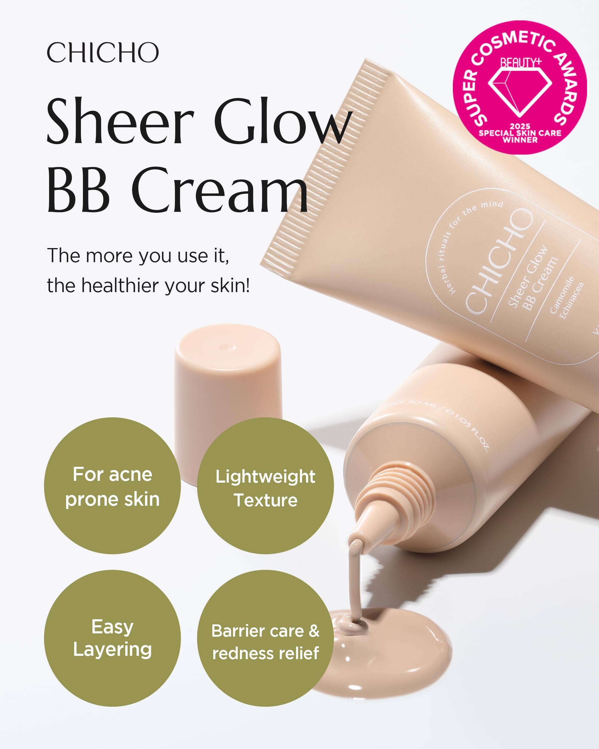 CHICHO Sheer Glow BB Cream — 93% Herbal Base with Chamomile Water | Vegan, Non-Comedogenic