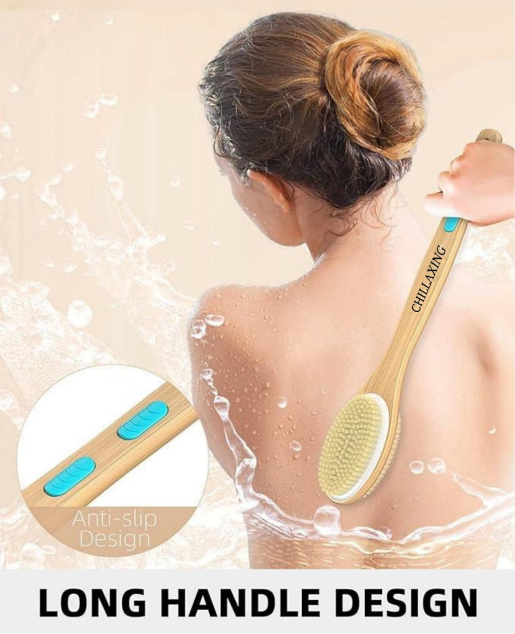 Chillaxing Long Handle Shower Brush – 17-Inch Back Scrubber with Dual-Sided Bristles, Vegan & Cruelty-Free