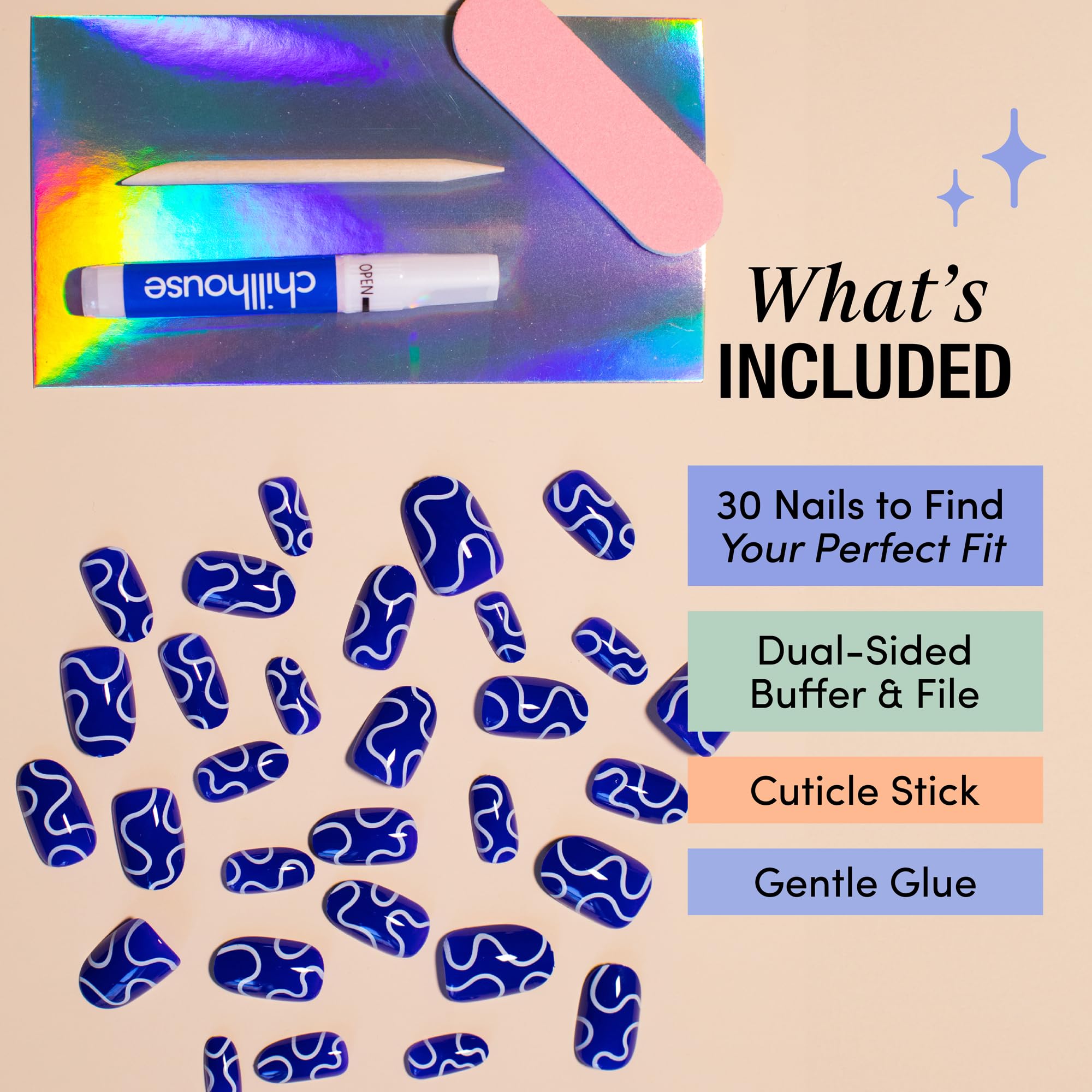 Chillhouse Chill Tips Press-On Nails Kit - Wavy Baby 2.0 Oval, 30 Shapes, Reusable