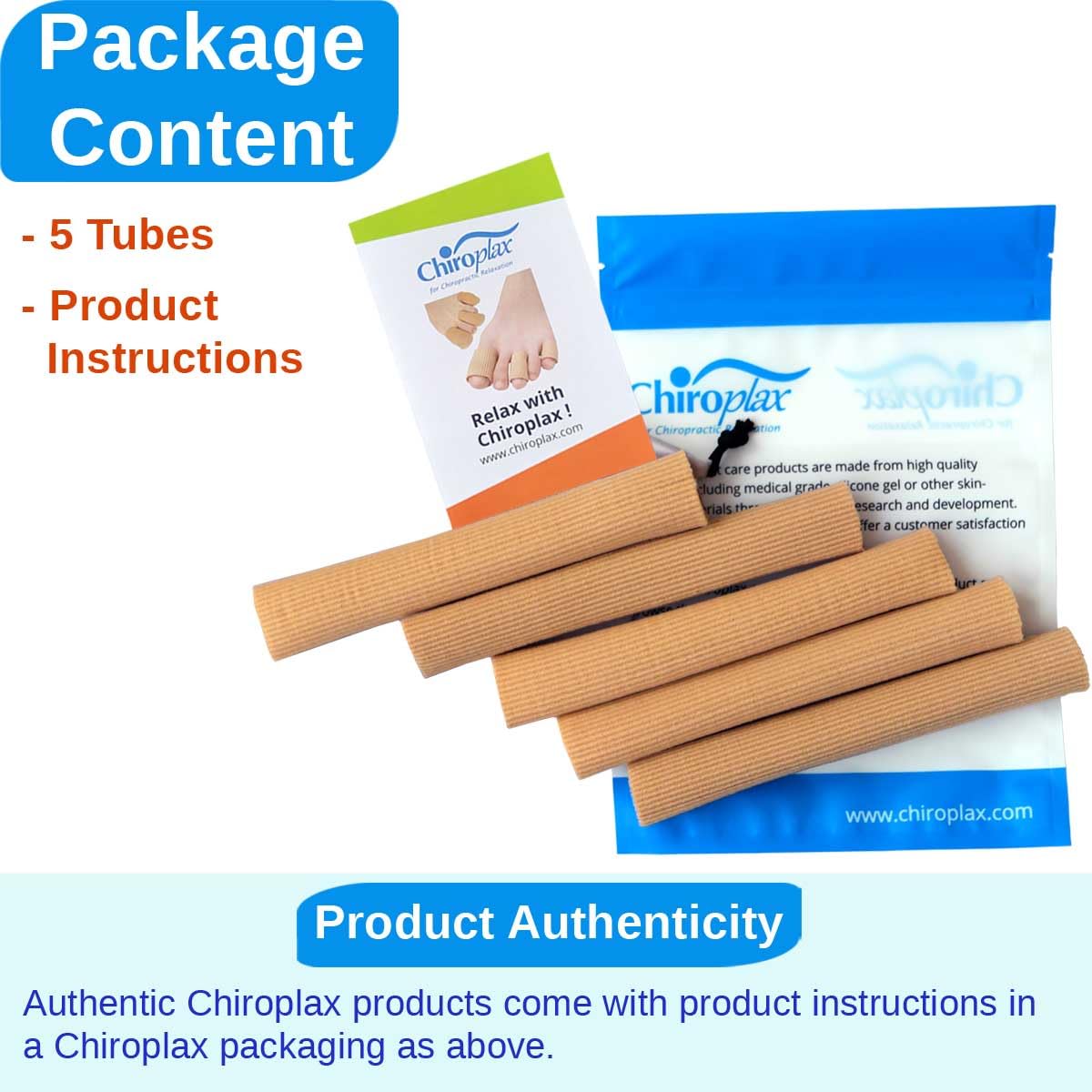 Chiroplax Toe Tubes Sleeves – Fabric & Gel Lining, 5 Pack (Large) for Toes, Bunions & Hammertoes