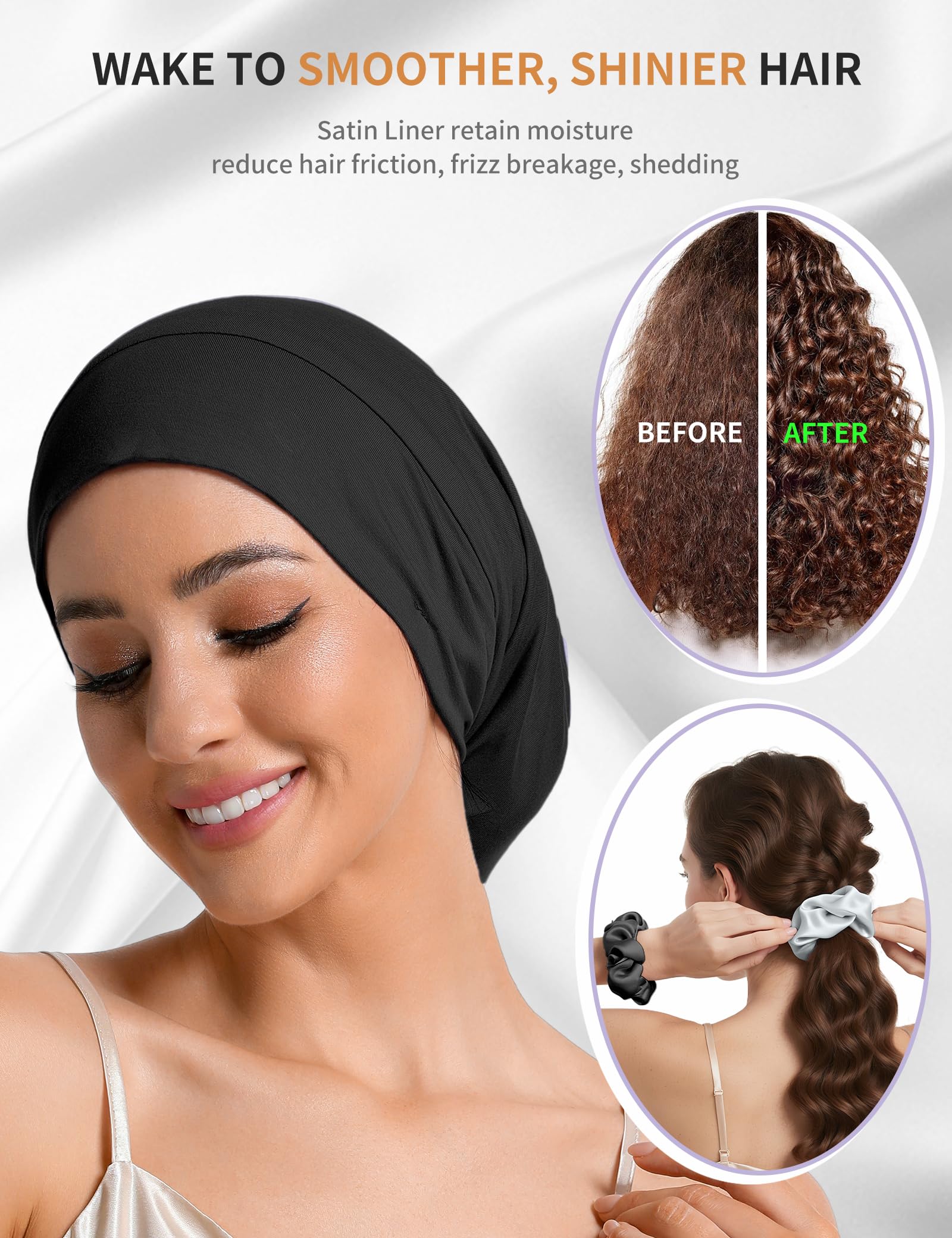 Choshion Satin-Lined Bonnet for Sleeping – Adjustable Sleep Cap (Black/Gray)