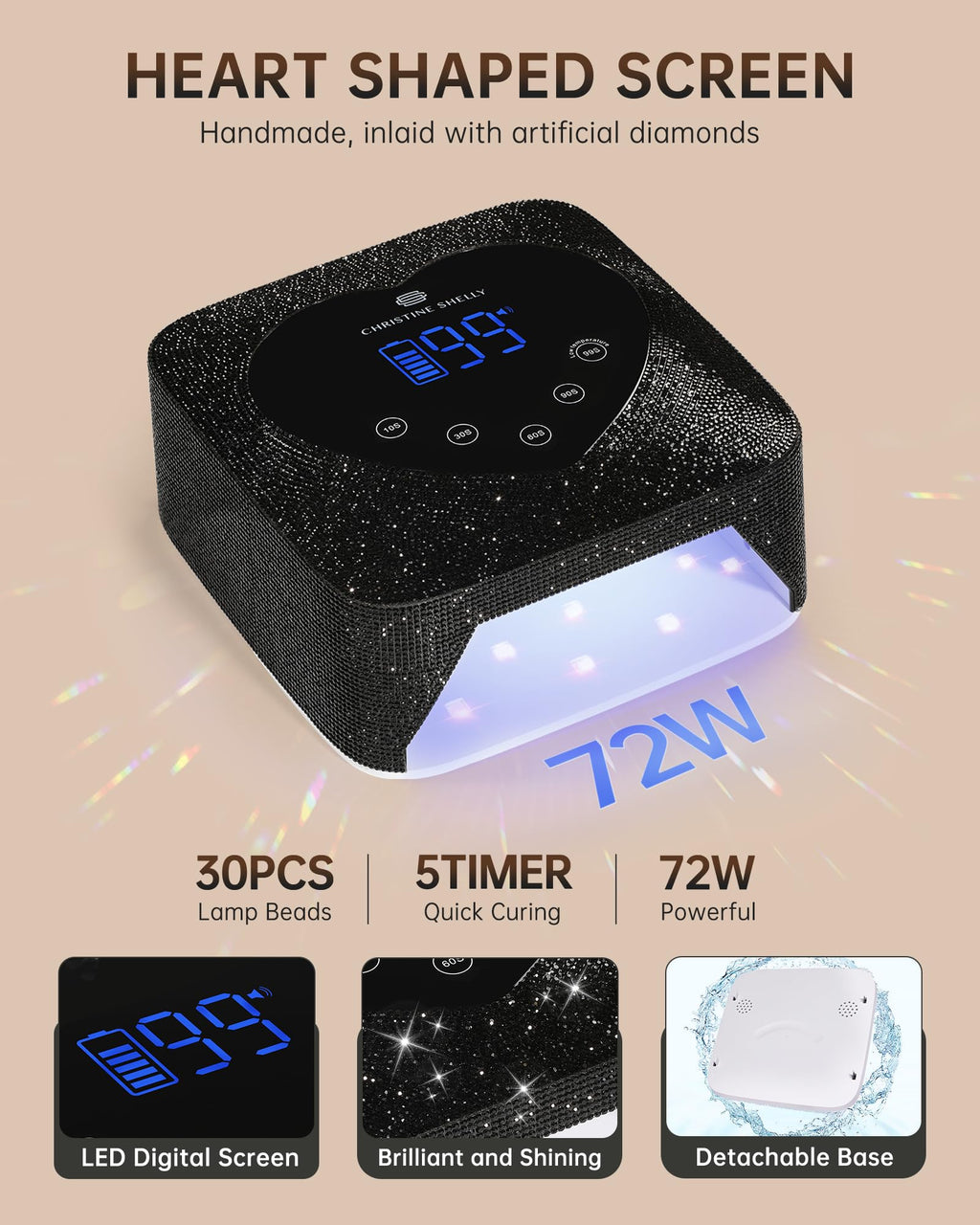 CHRISTINE SHELLY 72W UV LED Nail Lamp – Rechargeable, Cordless, 5-Timer Display, Sparkly Gel Cure Lamp