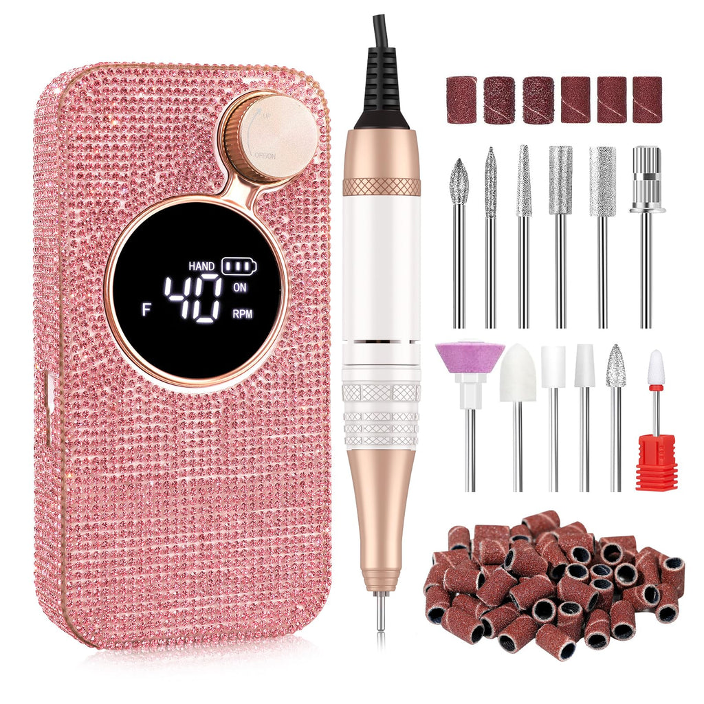 CHRISTINE SHELLY Electric Nail Drill 40000RPM – Cordless Nail File Kit with 12 Bits for Acrylic & Gel Polish (Pink Diamond)