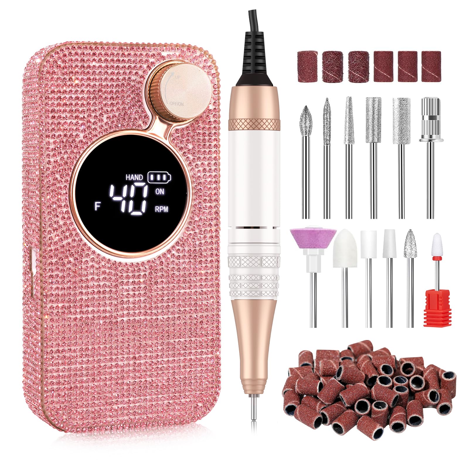 CHRISTINE SHELLY Electric Nail Drill 40000RPM – Cordless Nail File Kit with 12 Bits for Acrylic & Gel Polish (Pink Diamond)