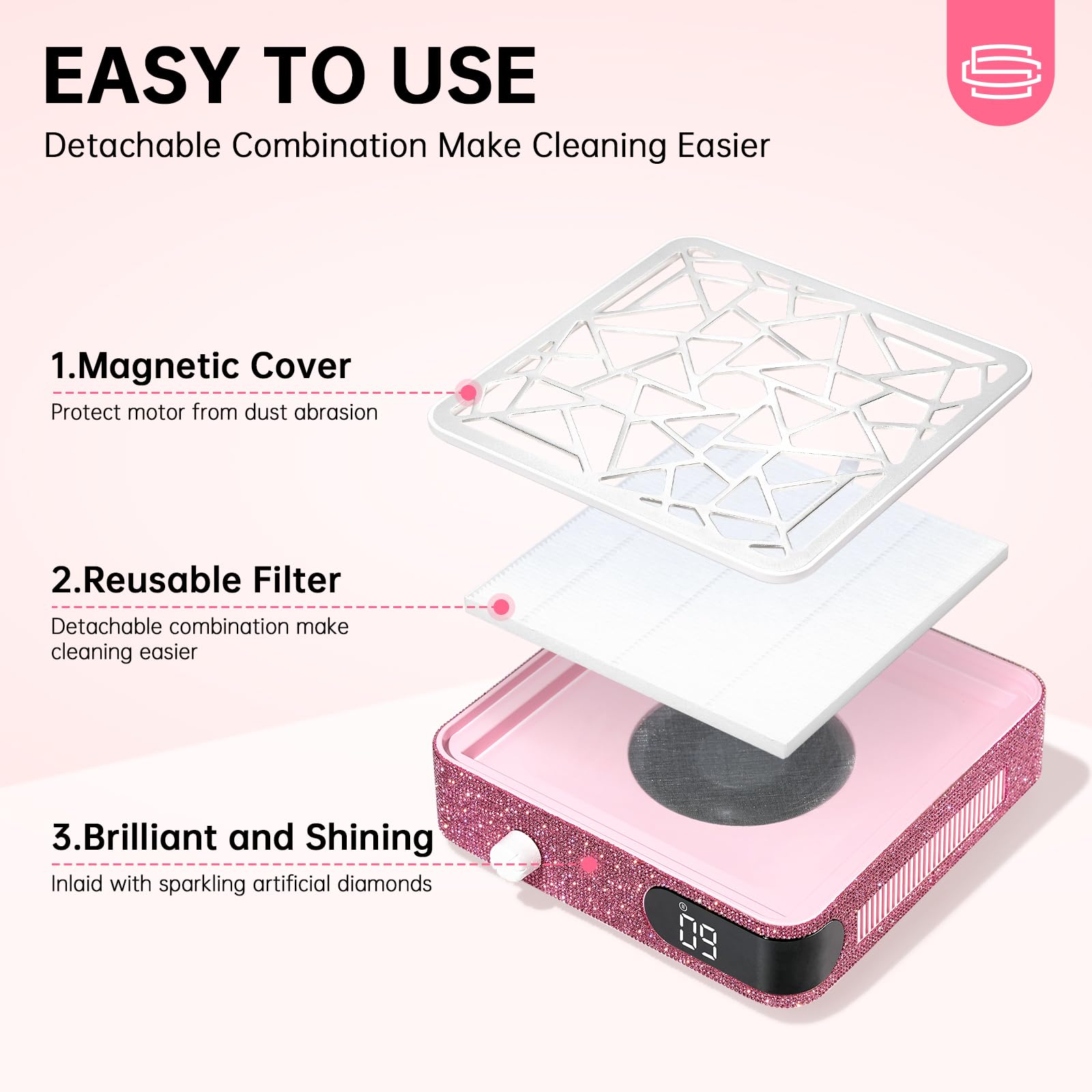 CHRISTINE SHELLY Nail Dust Collector – Cordless Vacuum for Acrylic Nails | Pink Diamond