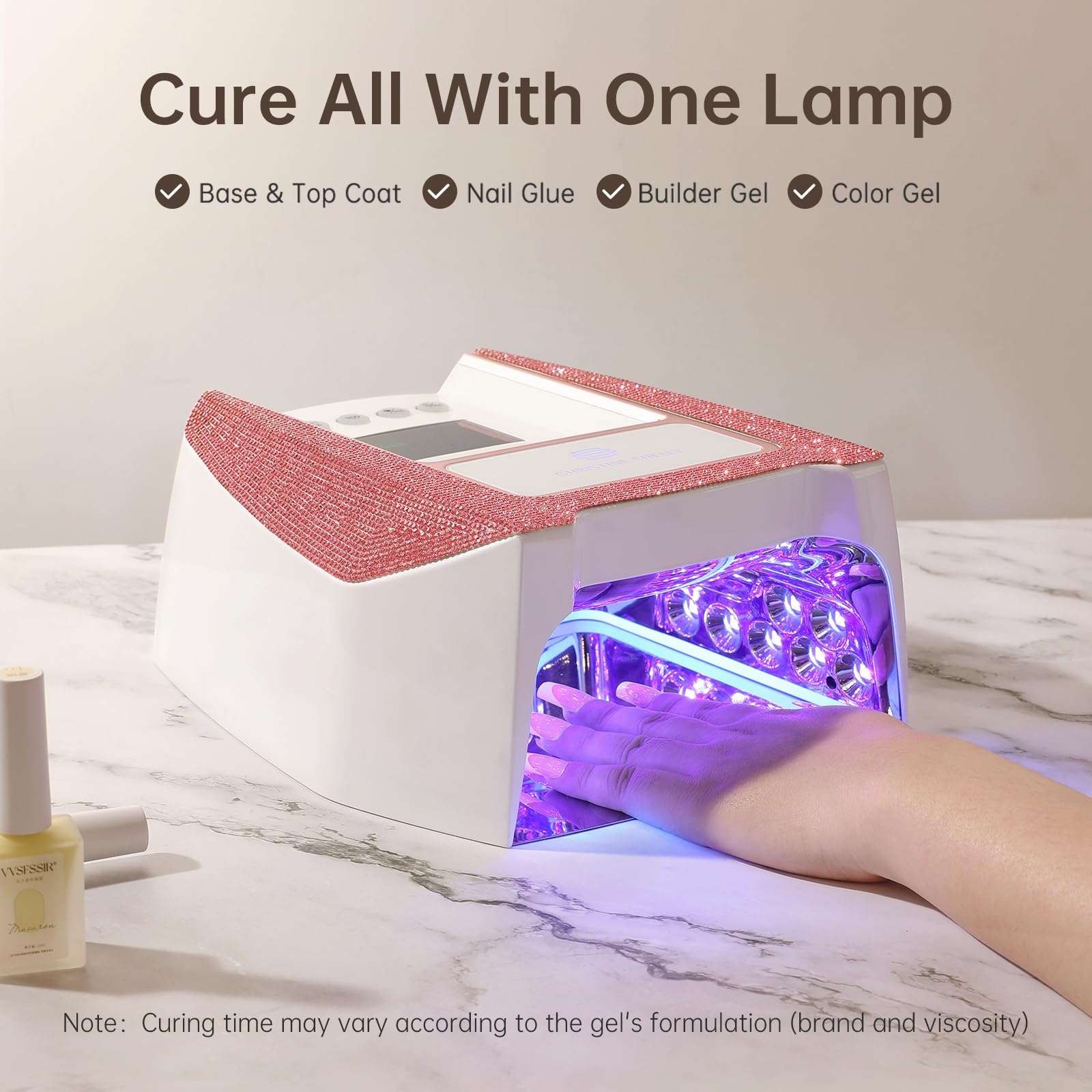 CHRISTINE SHELLY UV Nail Lamp – Cordless Gel Light with Auto Sensor, 4 Timers, 96W, Pink Diamond