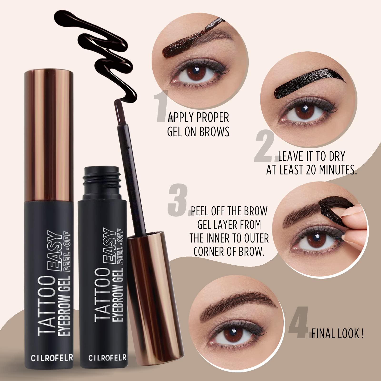 Cilrofelr Tattoo Peel Off Eyebrow Gel — 3-Day Tint, Waterproof & Transfer-Proof, Gray Black (2 Pack)