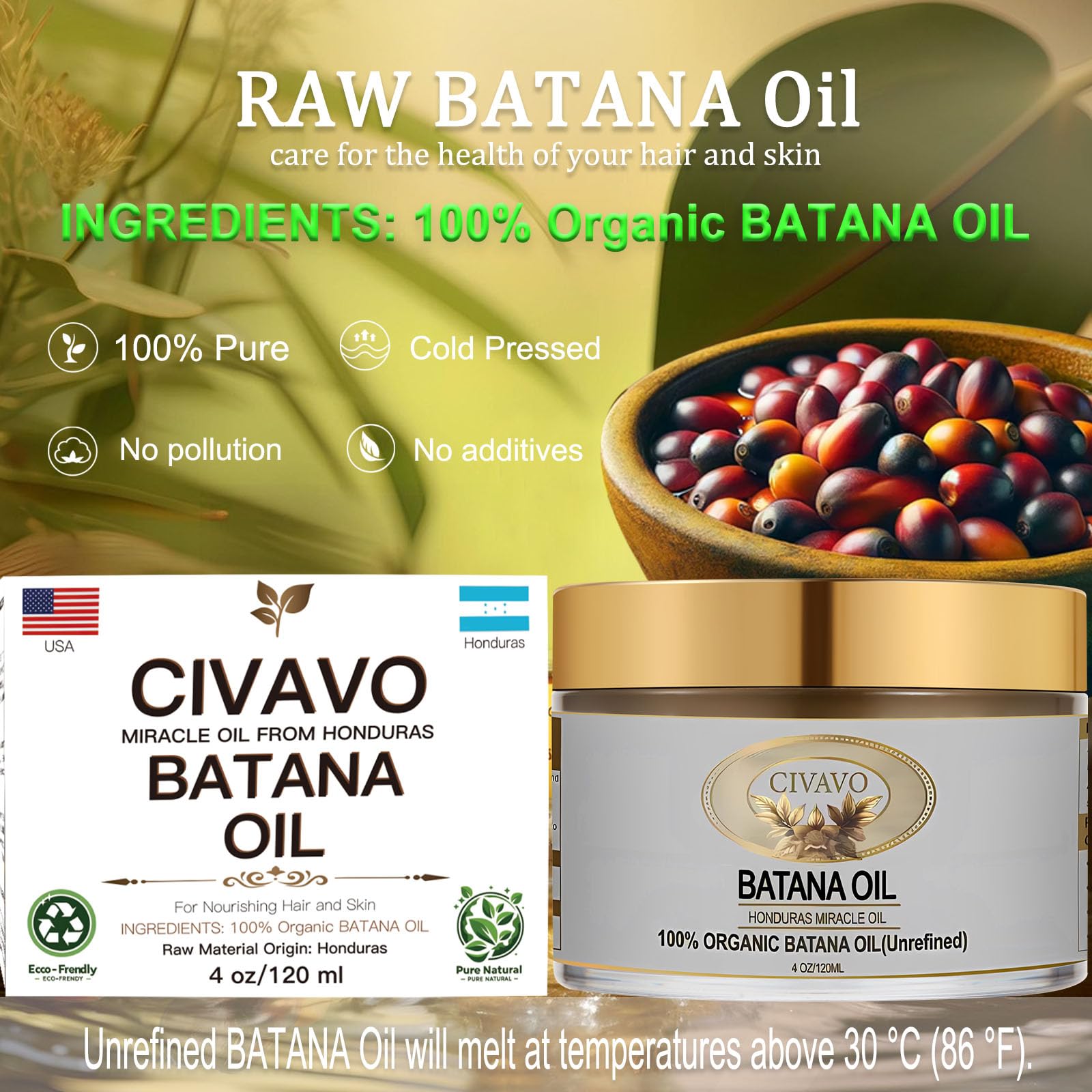 Civavo Organic Batana Oil Hair Mask – 100% Pure Nourishing Pressed Oil for Hair & Skin (4 oz)
