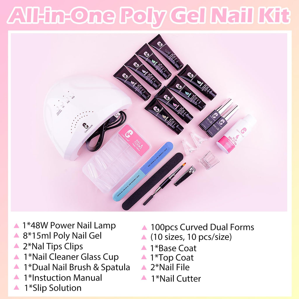 Clara Colors Polygel Extension Gel Nail Kit – 8 Colors + 48W Nail Lamp | All-in-One Starter Kit