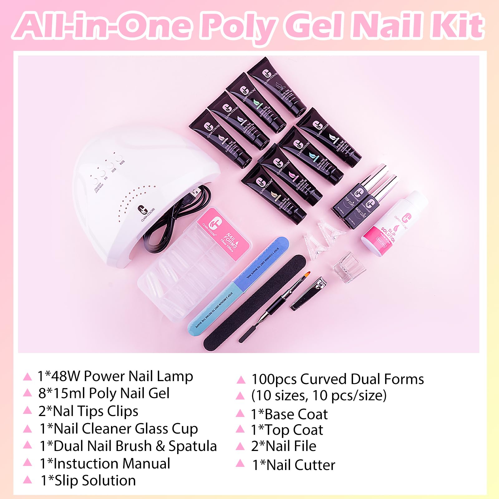 Clara Colors Polygel Extension Gel Nail Kit – 8 Colors + 48W Nail Lamp | All-in-One Starter Kit