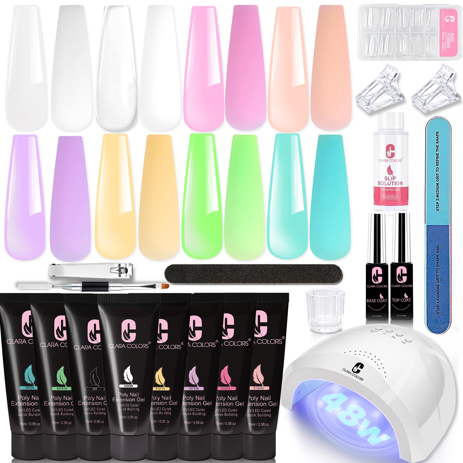 Clara Colors Polygel Extension Gel Nail Kit – 8 Colors + 48W Nail Lamp | All-in-One Starter Kit