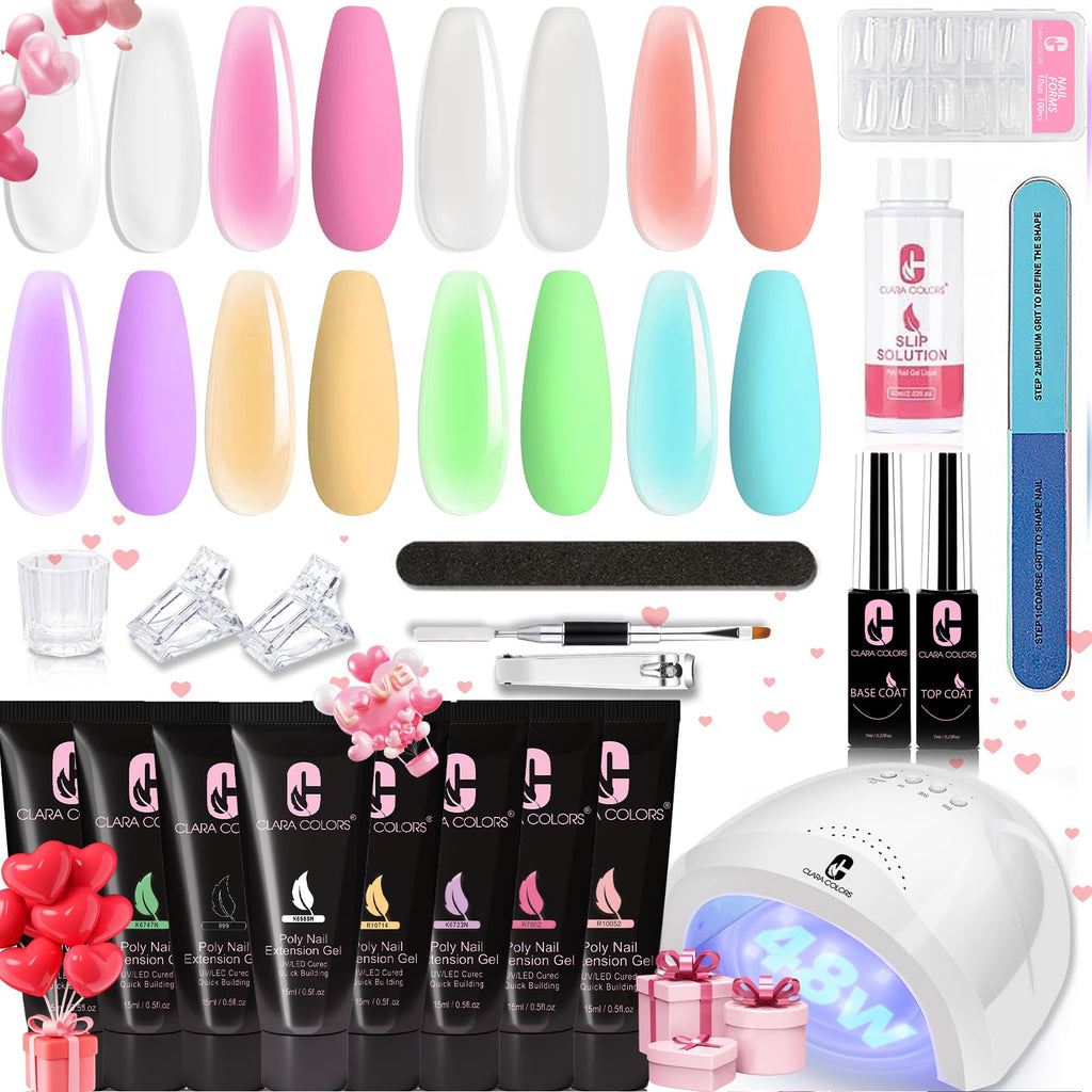 Clara Colors Polygel Extension Gel Nail Kit – 8 Colors + 48W Nail Lamp | All-in-One Starter Kit
