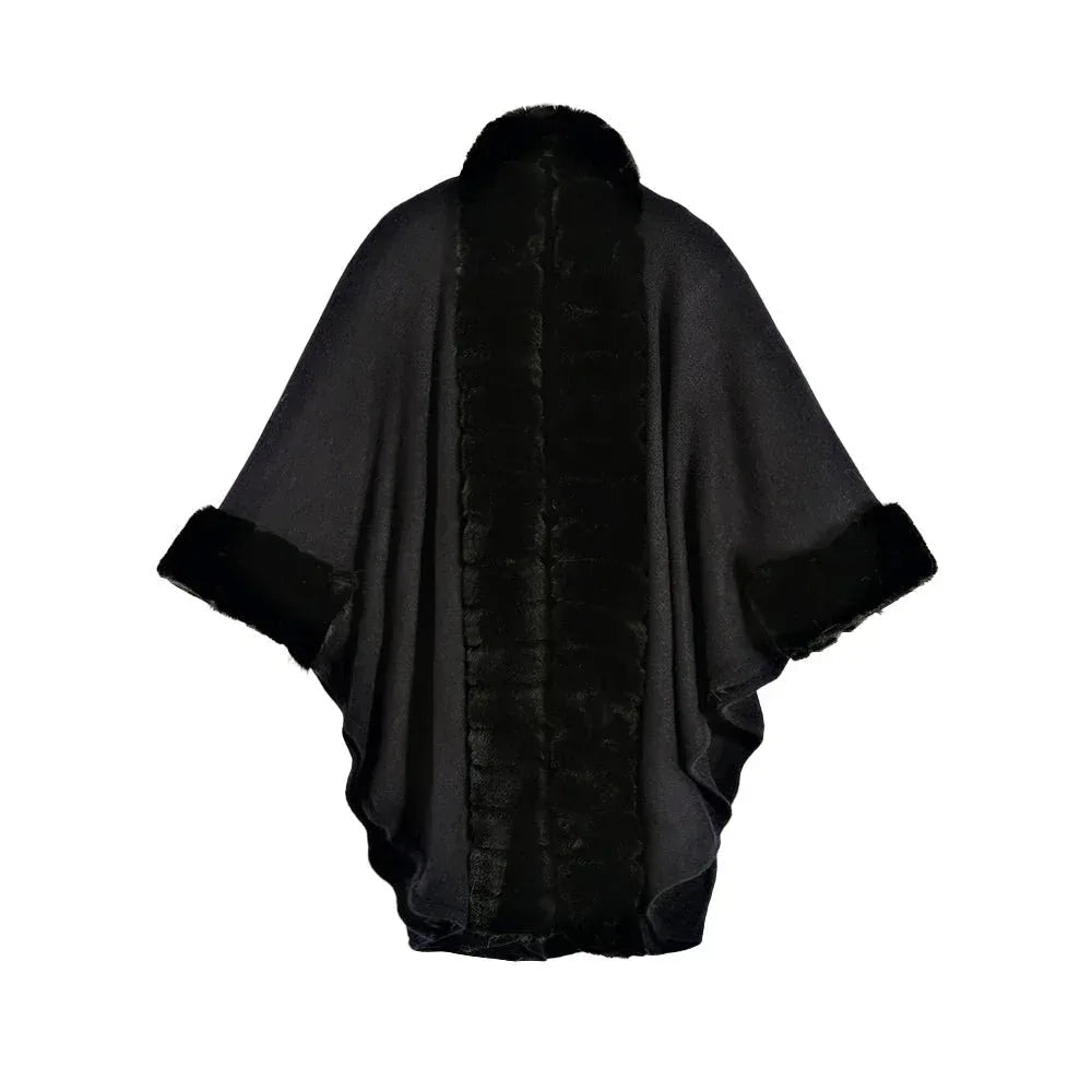 Classic Oversized Knit Coat With Artificial Rabbit Fur Collar - Elegant Pullover Cloak in Monochrome