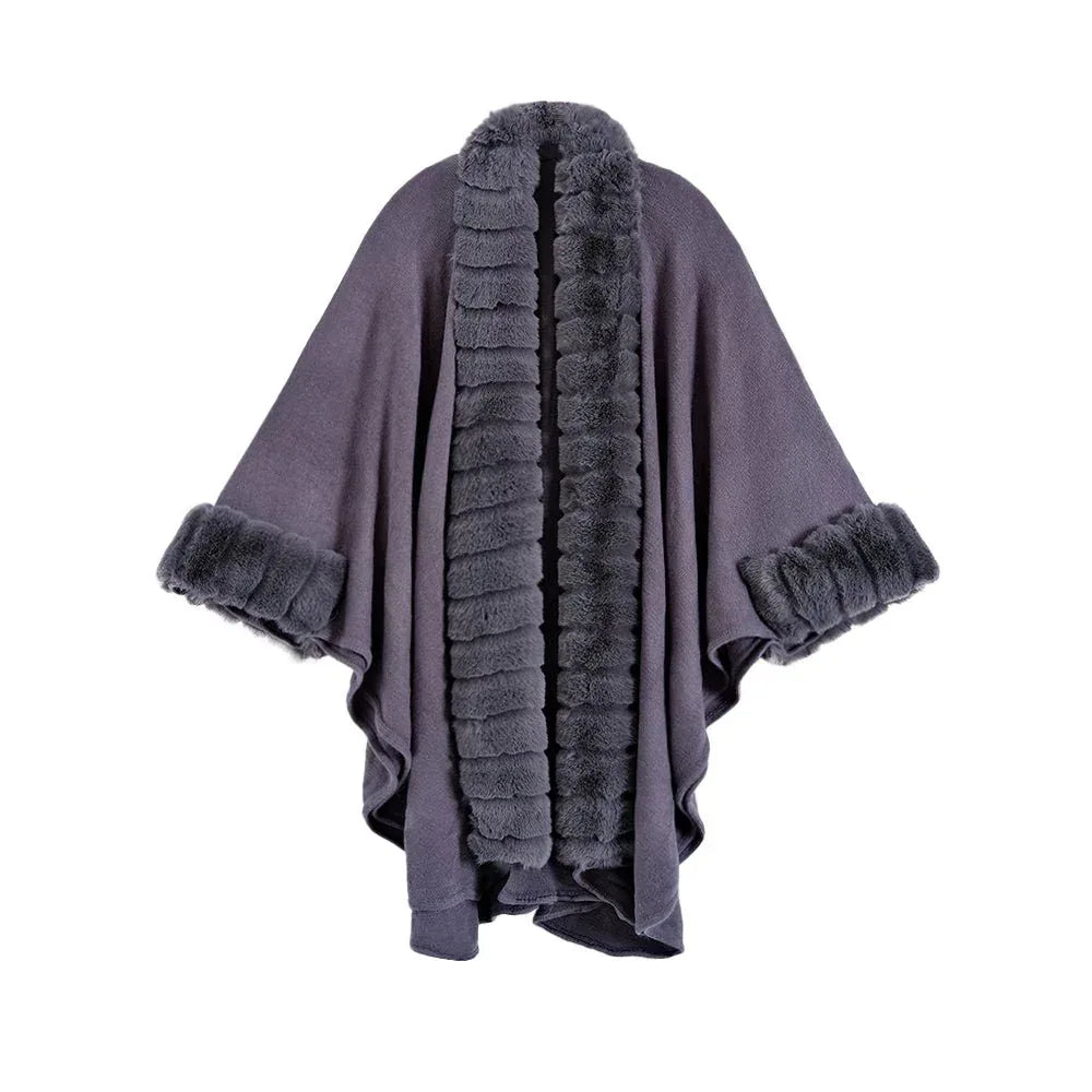 Classic Oversized Knit Coat With Artificial Rabbit Fur Collar - Elegant Pullover Cloak in Monochrome