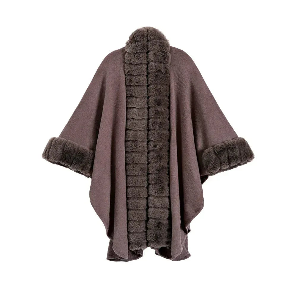 Classic Oversized Knit Coat With Artificial Rabbit Fur Collar - Elegant Pullover Cloak in Monochrome