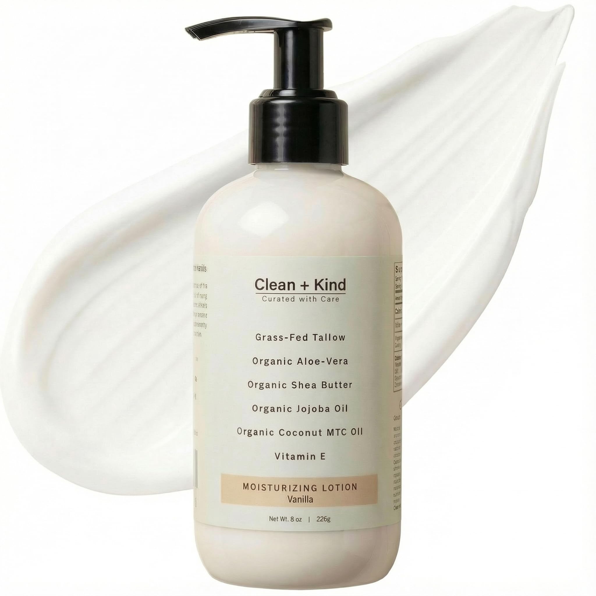 Clean + Kind Daily Moisturizing Lotion – Tallow Body Lotion with Aloe, Shea, Jojoba, MCT Oil & Vitamin E (8 oz, Vanilla)