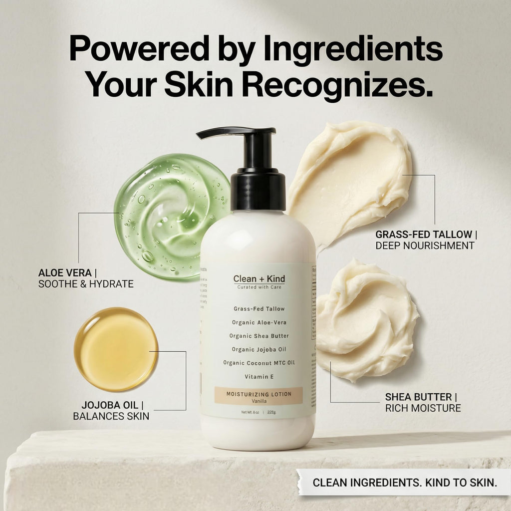 Clean + Kind Daily Moisturizing Lotion – Tallow Body Lotion with Aloe, Shea, Jojoba, MCT Oil & Vitamin E (8 oz, Vanilla)