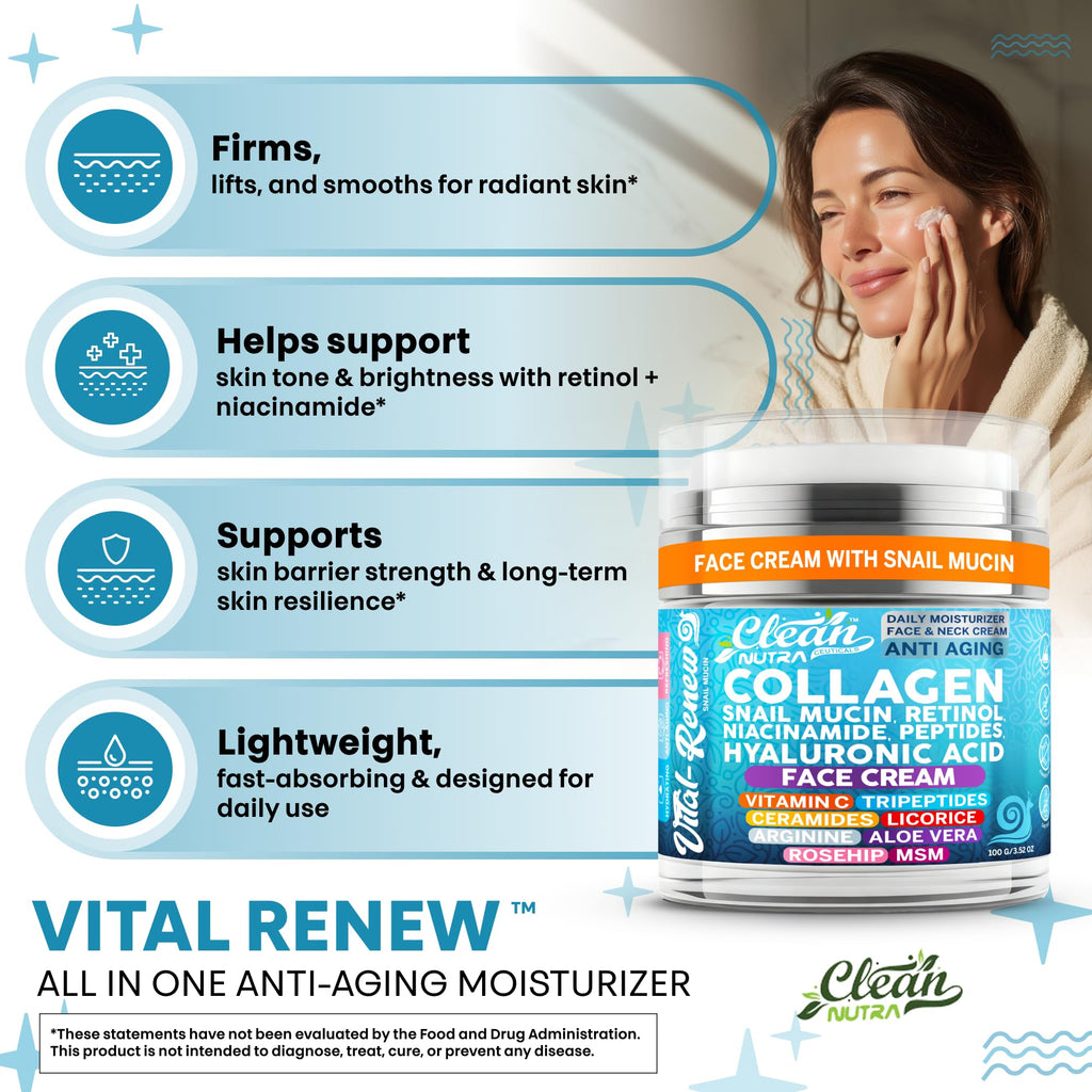 Vital Renew Snail Mucin Collagen Cream by Clean Nutraceuticals – Daily Moisturizer with Retinol, Niacinamide & Hyaluronic Acid