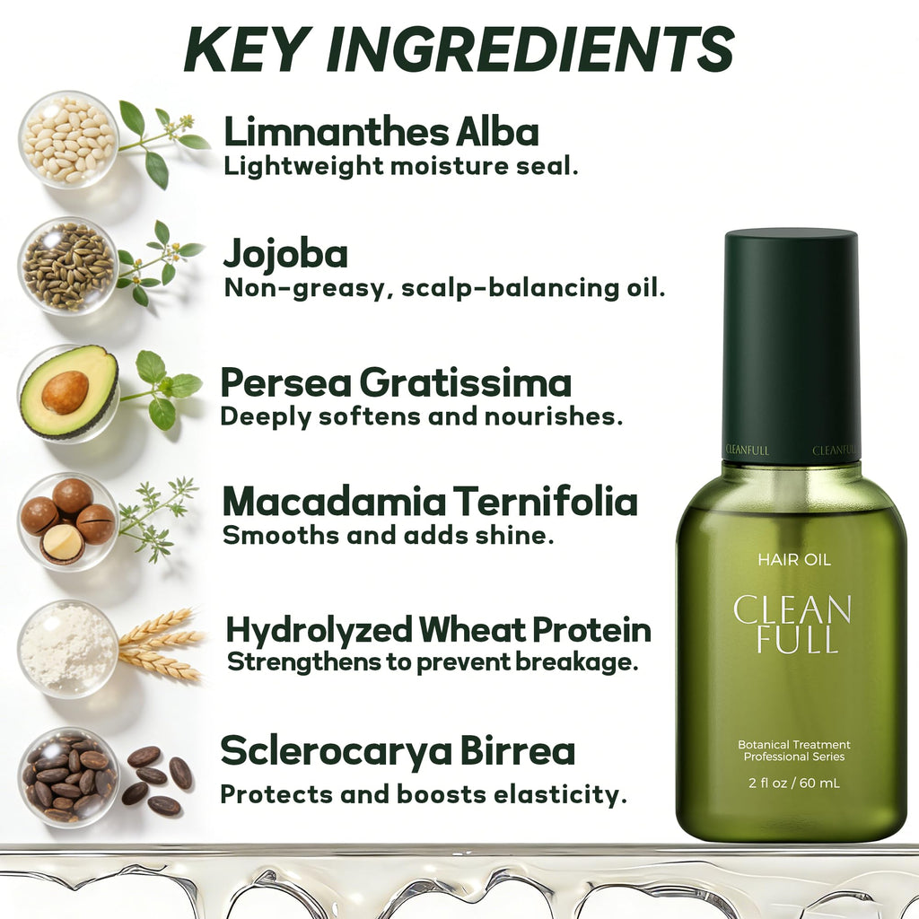 CLEANFULL Botanical Hair Oil – Lightweight Leave-In Serum with Heat Protection & Frizz Control