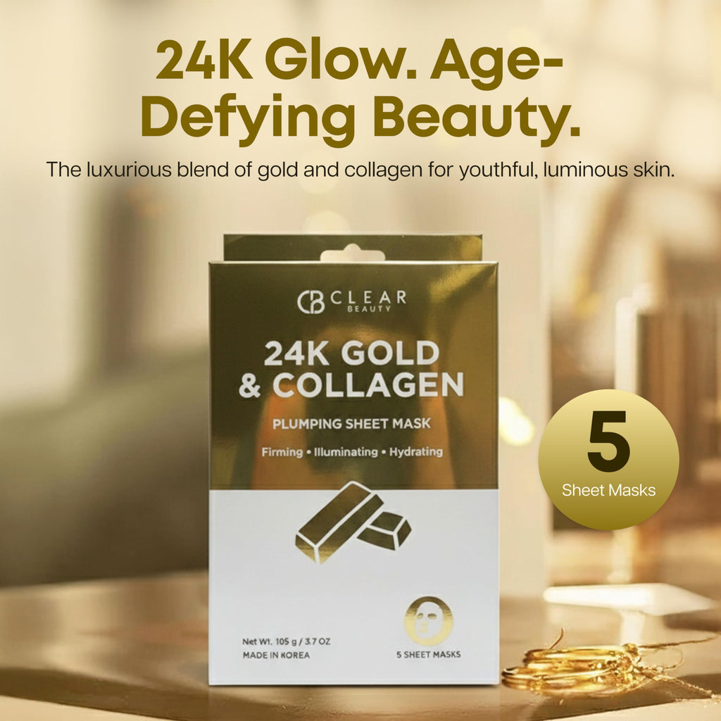 Clear Beauty 24K Gold & Collagen Face Mask – Firming & Hydrating Sheet Masks | Korean Vegan Clean Beauty – 5 Count