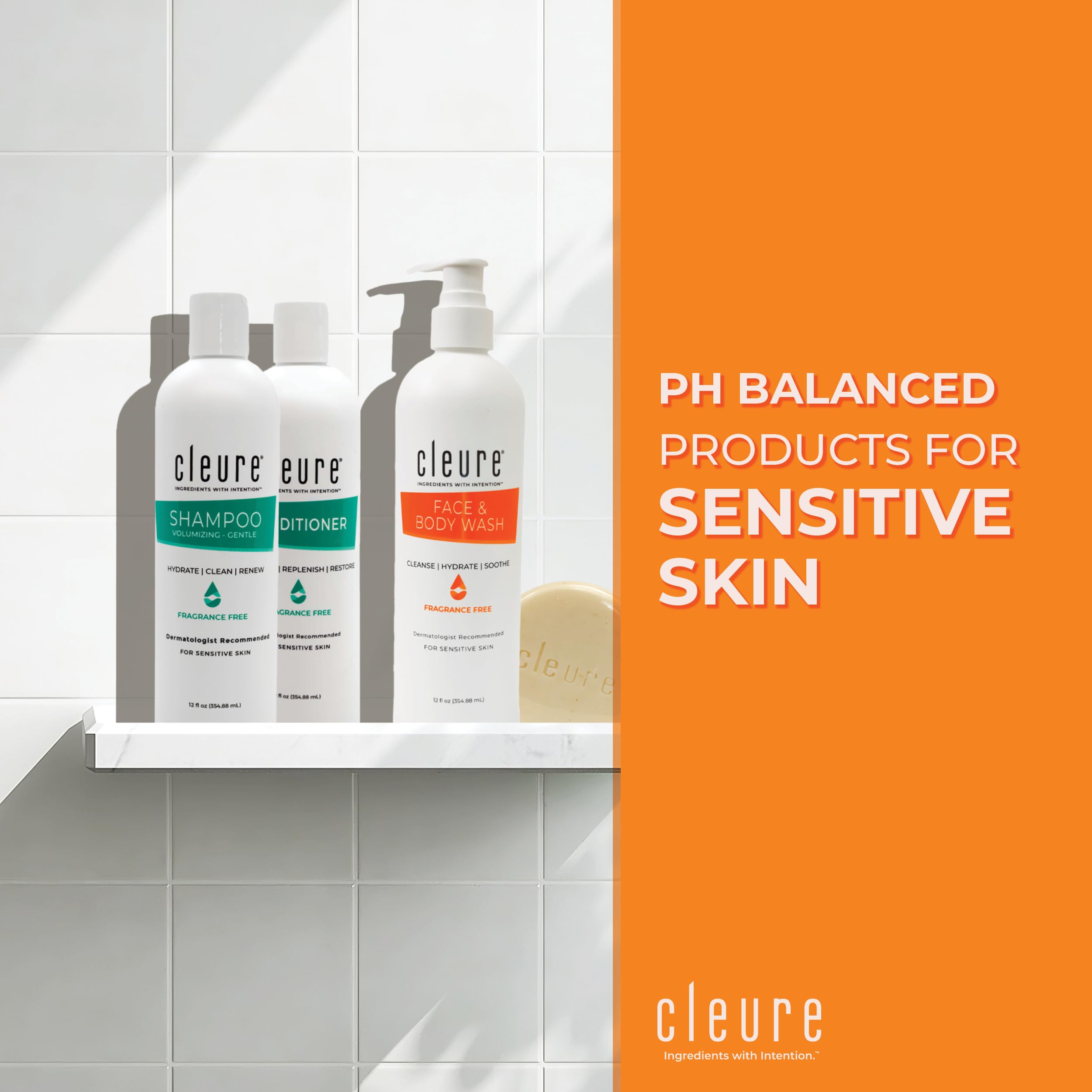 Cleure Fragrance Free 3-Piece Shower Set | Hypoallergenic Shampoo, Conditioner & Body Wash