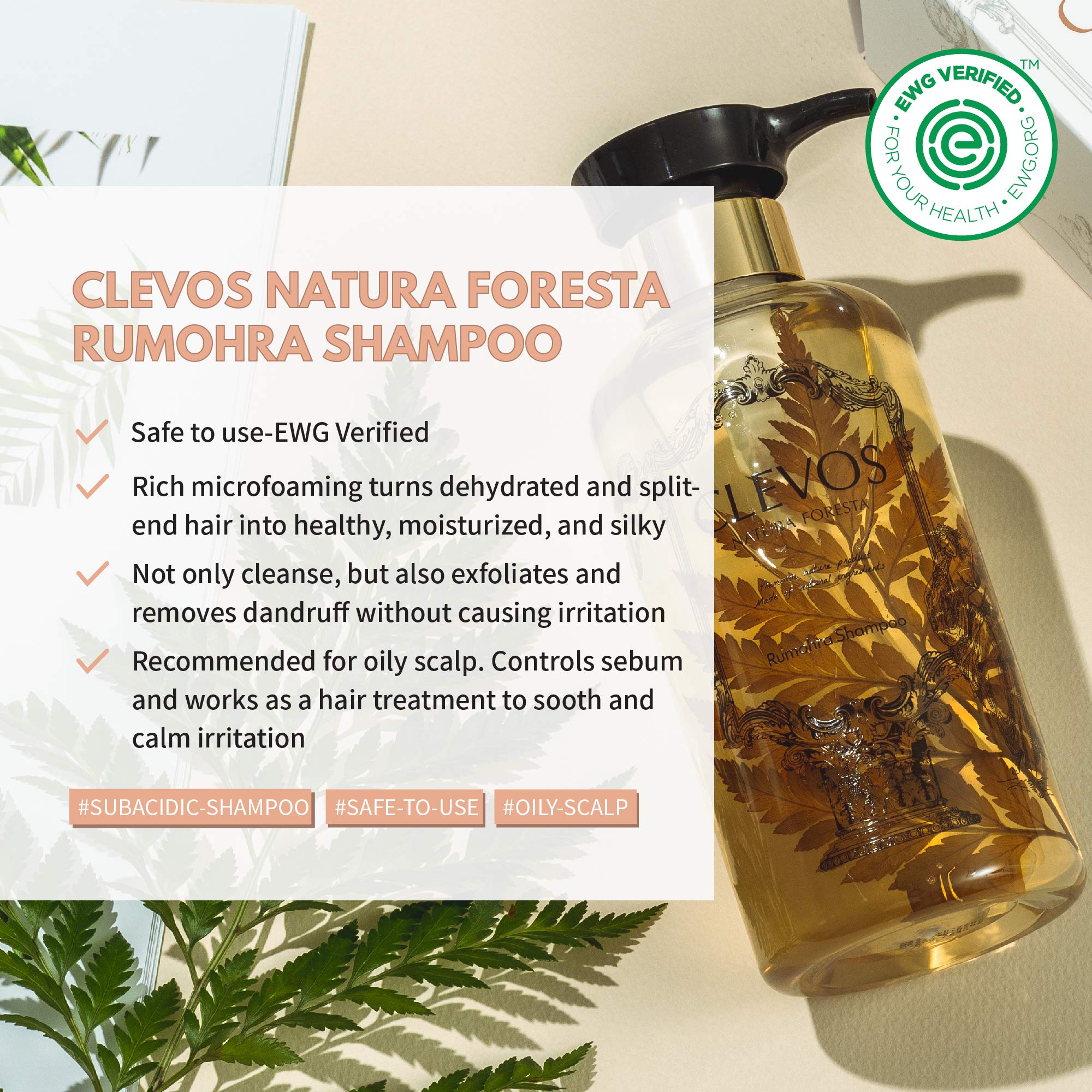 Clevos Natura Foresta Organic Shampoo – Oily Scalp, Rumohra Scent, Sulfate-Free, Vegan