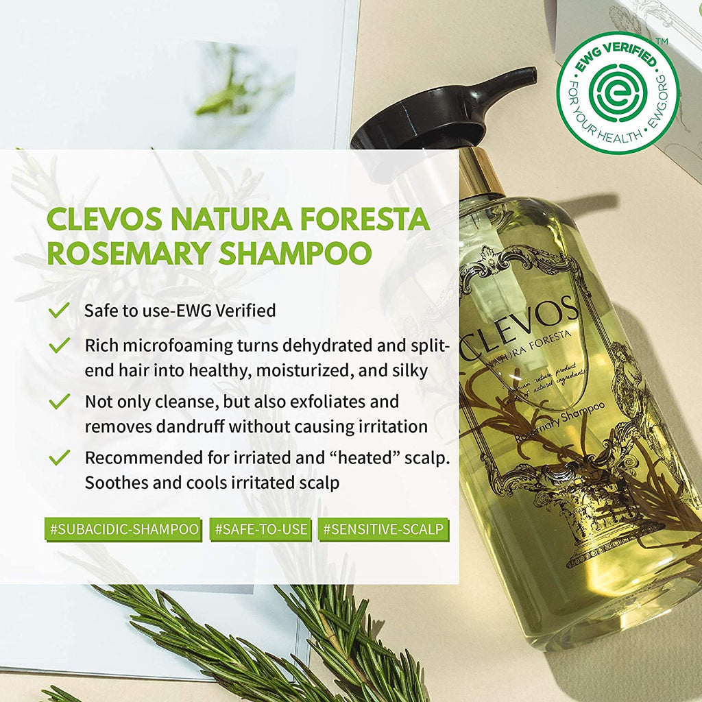 Clevos Natura Foresta Rosemary Shampoo – Organic, Hypoallergenic, Sulfate-Free, EWG Verified, BDIH Certified (530ml)