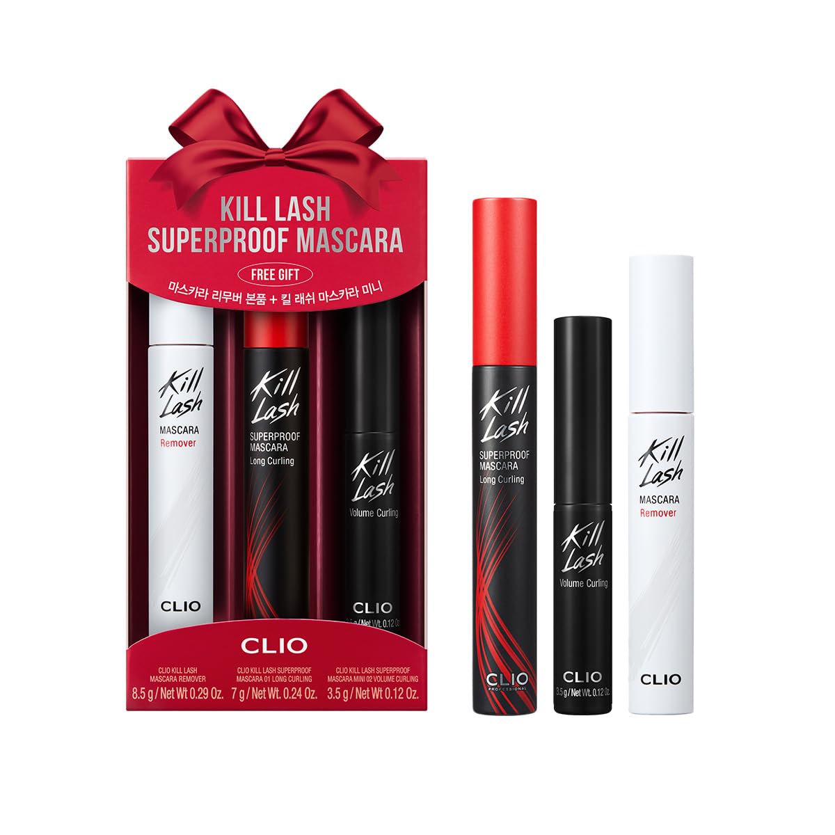CLIO Kill Lash Superproof Mascara Holiday Gift Set — Long-Lasting, Waterproof, Includes 001 Long Curling + 002 Volume Curling Mini + Remover
