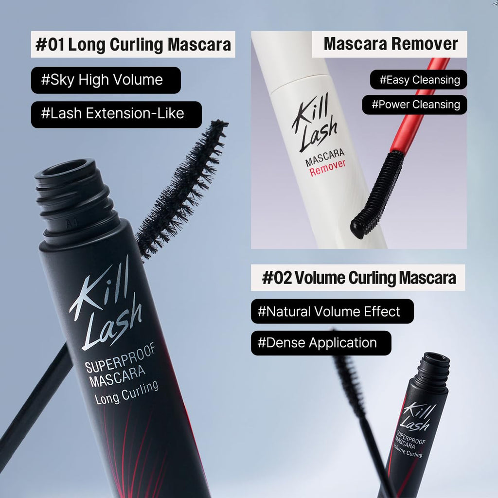 CLIO Kill Lash Superproof Mascara Holiday Gift Set — Long-Lasting, Waterproof, Includes 001 Long Curling + 002 Volume Curling Mini + Remover