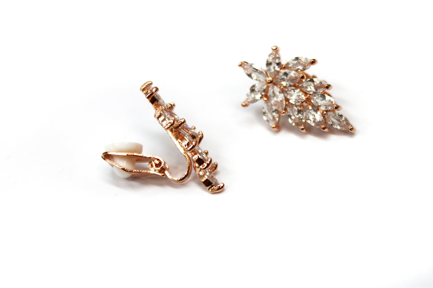 CLIP ON Earrings Gold Crystal Women's Wedding Floral Flower Leaf Chandelier Vintage