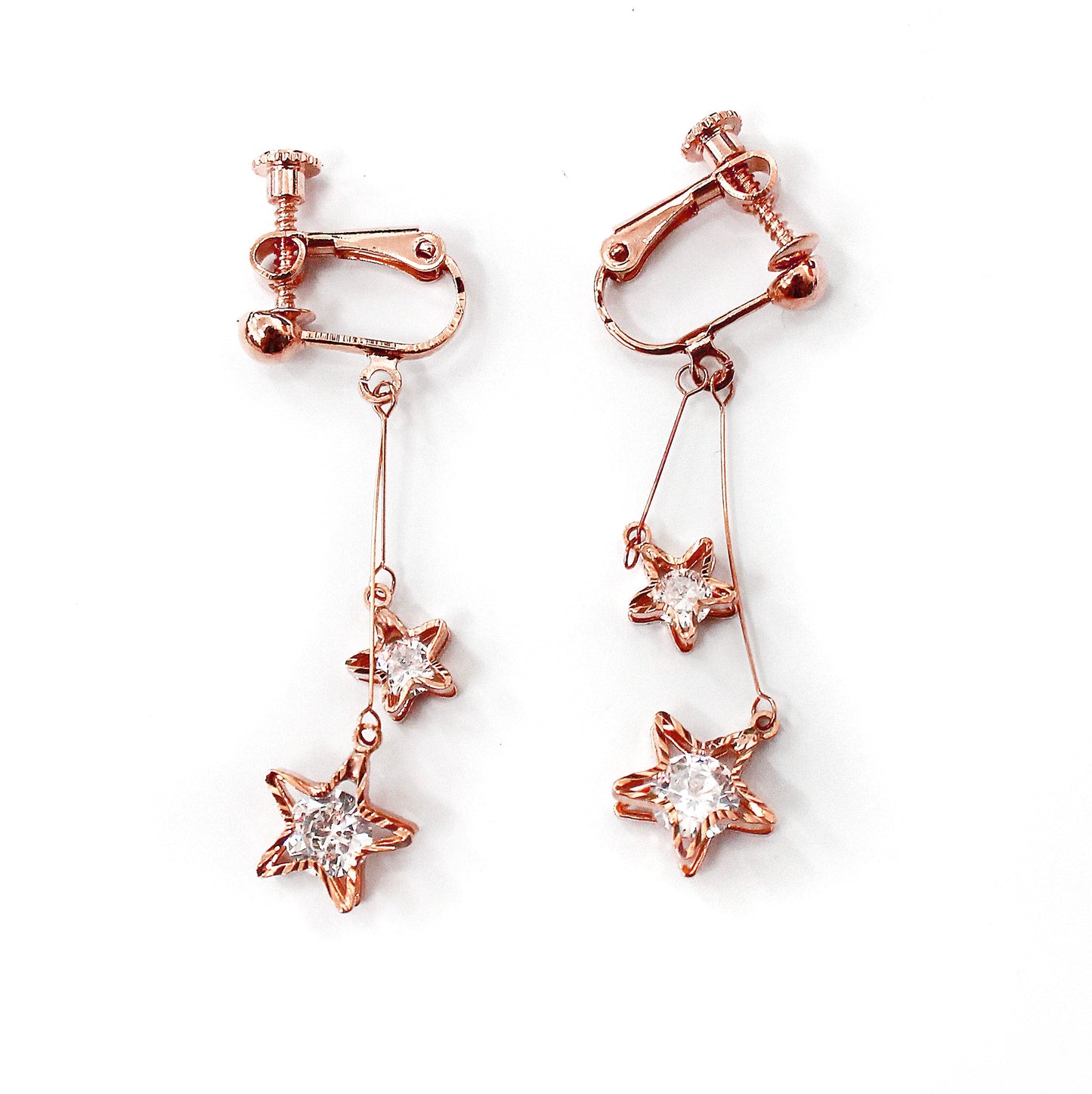 Crystal Drop Dangle Clip On Earrings Tassel Non Pierced Star Rose Gold